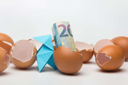 eggshells, broken pink eggs.の写真素材