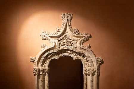 Detailed view of the intricate ceiling decoration within the historic palace in Zaragoza, Spainの写真素材