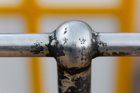 Close up image of a corroded metal handrail showing rust and damageの写真素材