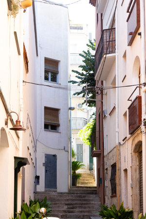 Plants are flanking a narrow street leading to an archway in a Spanish townの写真素材