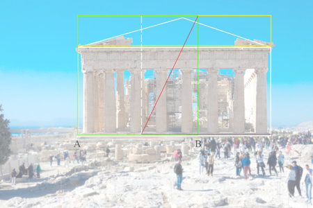Tourists walking in acropolis of athens with parthenon and golden ratio explanation