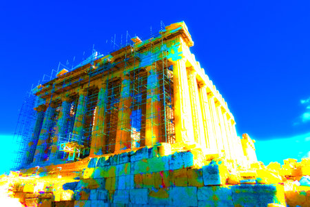 Tourists and guides visiting the parthenon on the acropolis of athens, greece, during restoration worksの写真素材