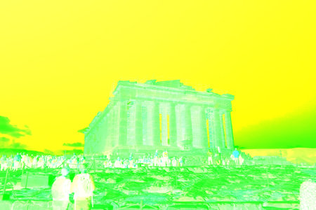 Tourists and guides visiting the parthenon on the acropolis of athens, greece, during restoration worksの写真素材