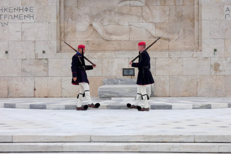 Presidential guards, Evzones, guarding the tomb of the unknown soldier in Syntagma Square, Athens,...