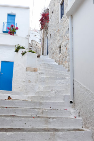 Narrow whitewashed alley with stairs, plants, and traditional architecture in a Greek island villageの写真素材