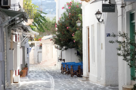 Local man walking away on a narrow cobblestone street in Paros town, Greeceの写真素材