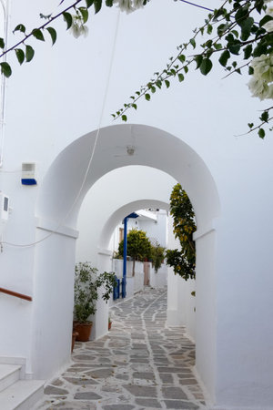 Picturesque alley with narrow tunnel with whitewashed walls, stone pavement, creating a charming Mediterranean atmosphere on the Greek islands, Greeceの写真素材
