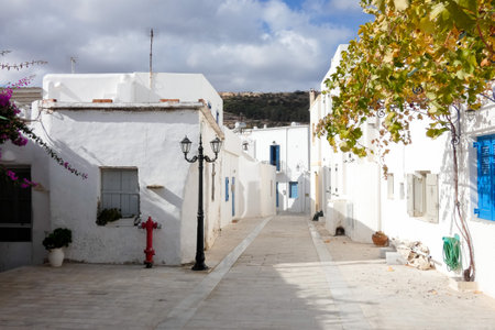 Local man walking away on a narrow cobblestone street in Paros town, Greeceの写真素材