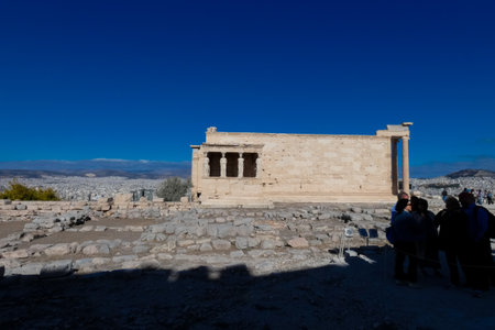 Caryatids, female draped figures, serving as supporting columns of the erechtheion, an ancient Greek temple on the north side of the acropolis of Athensの写真素材