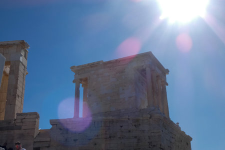 The Erechtheion, an ancient Greek temple located on the Acropolis in Athens, Greece, showcases its...