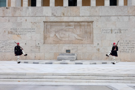 Presidential guards, Evzones, guarding the tomb of the unknown soldier in Syntagma Square, Athens, Greeceの写真素材