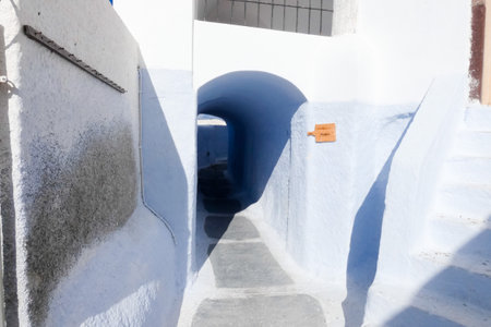 Picturesque alley with narrow tunnel with whitewashed walls, stone pavement, creating a charming Mediterranean atmosphere on the Greek islands, Greeceの写真素材