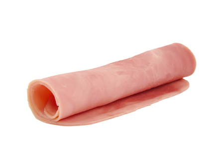 Three cooked boiled and rolled ham sausage isolated on white backgroundの写真素材