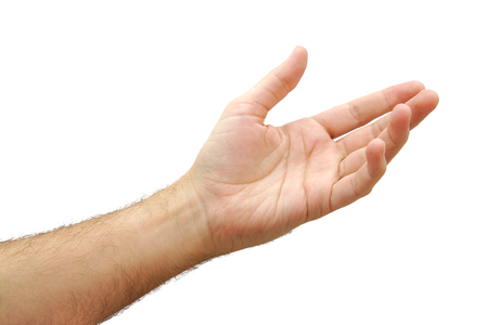 Caucasian man hand open and ready to help or receive. Gesture isolated on white background