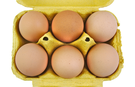 Half a dozen eggs in a green carton viewed from the front.  White background.の写真素材