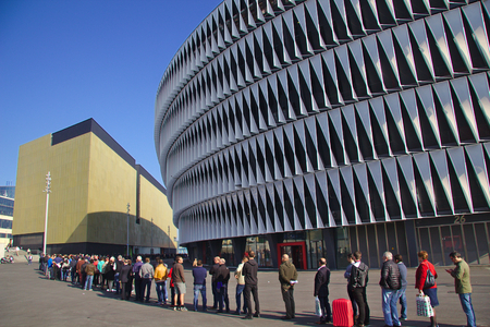 BILBAO, SPAIN - MAY 28 2015: People queueing for a ticket at San Mames football stadium