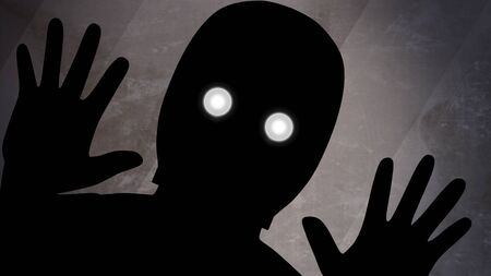 Illustration of a spooky silhouette of a man watching closely, with white eyes on a dark background
