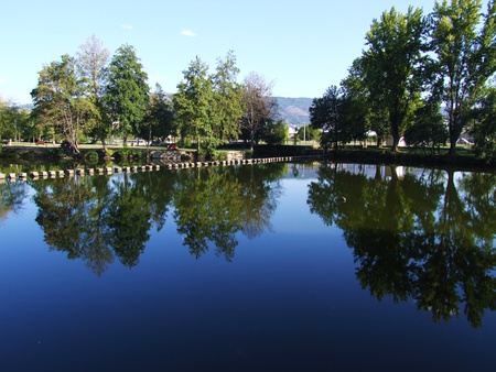 Park landscape with a lake, trees and a stone pathwayの写真素材
