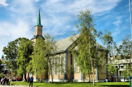 Christian Church made of wood in a city in Norwayの写真素材