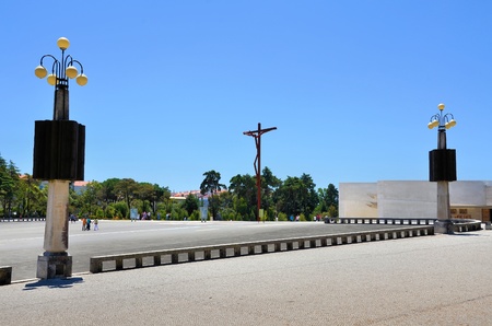 Courtyard of the sanctuary of Fatima with the iron cross representing the death of Jesus Christの写真素材