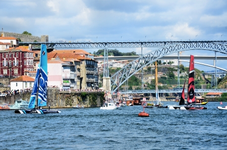 Catamarans racing on river Douro, near the city of Porto