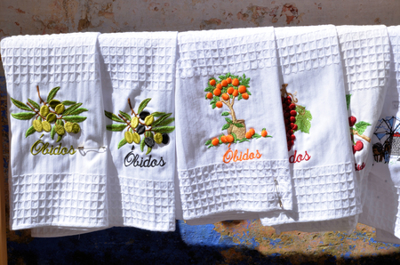Decorative towels hand embroidery typical of the city of Obidosの写真素材