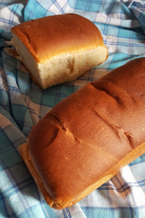 Tasty homemade bread, golden, over blue plaid towel.