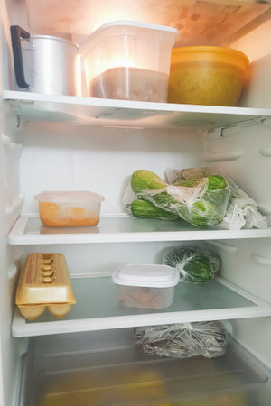 Refrigerator open, showing some saved food.の写真素材