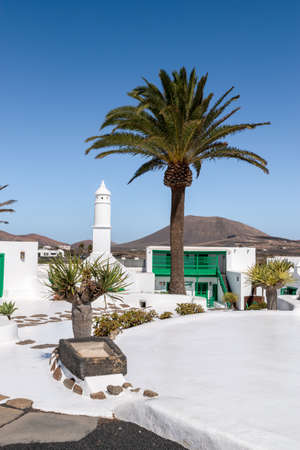 Typical Canarian style buildings and tropical plants, El Campesino, Lanzarote island, Spainのeditorial素材