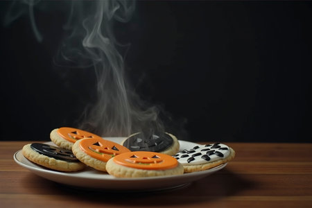 Colorful Halloween cookies are arranged on a plate, featuring designs like pumpkins and skeletons. Wisps of smoke create an eerie atmosphere, enhancing the festive mood.の素材