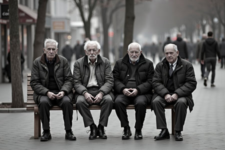 Group of four elderly men sit on a wooden bench in an urban park, sharing stories. The chilly afternoon creates a cozy atmosphere as passersby walk by.の素材