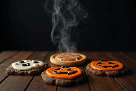 Colorful Halloween cookies shaped like jack-o'-lanterns and ghosts sit on a wooden table, with steam gently rising, creating a cozy atmosphere perfect for the season.の素材