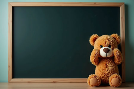 A friendly orange stuffed bear sits beside an empty chalkboard. The bear appears soft and inviting, adding warmth to the simple, calm atmosphere of the room.の素材