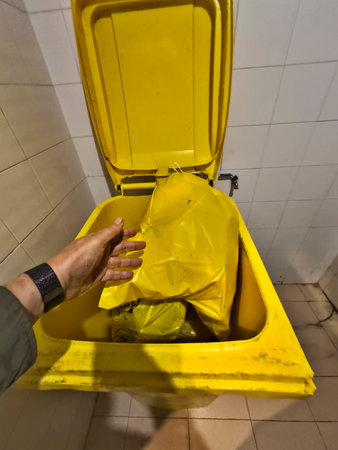 A person is holding a yellow bag and putting it into a yellow trash can. The trash can is located in a bathroomの写真素材