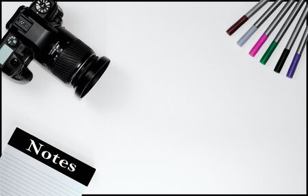 camera notes and pencil still lifeの写真素材