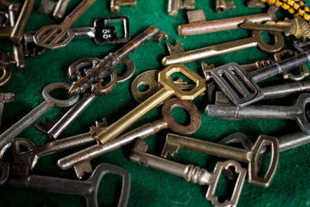 Sao Paulo / Sao Paulo / Brazil - 08 19 2018: Group of different old antique keys together. It seems to be a flea market or an old factory of door openers.のeditorial素材