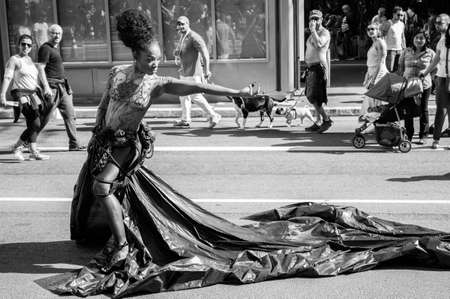SÃ£o Paulo / SÃ£o Paulo / Brazil - 08 19 2018: Beautiful afro woman performing and posing full of artistic makeup on the street [Black and White version]のeditorial素材