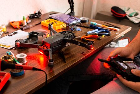 table with different tools for repair electronic devices and function test for droneの写真素材