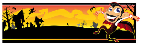 little vampire character dancing across a very spooky Halloween background.のイラスト素材