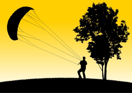 illustration of a Man Flying Kite on Hill by a Tree. のイラスト素材