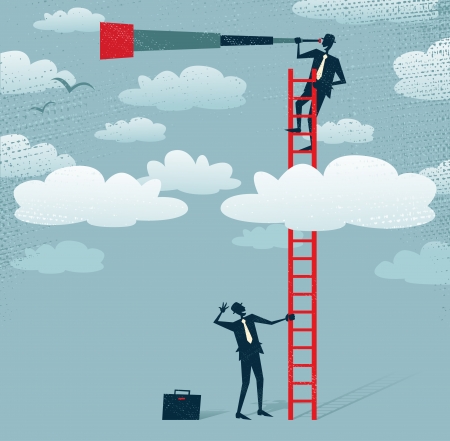 Abstract Businessman gets a better view  Great illustration of Retro styled Businessman climbing above the clouds to get a better view of the landscape than his competitors のイラスト素材