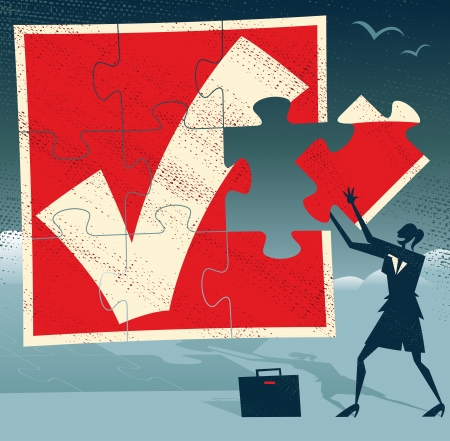 Abstract Businesswoman with Missing Piece of Puzzle  Great illustration of Retro styled Businesswoman holding up the final Missing Piece of a huge Jigsaw Puzzle  のイラスト素材
