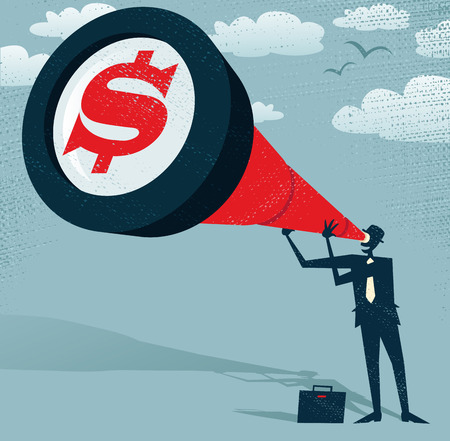 Abstract Businessman looks through his Telescope to find the Dollar. Great illustration of Retro styled Businessman whoのイラスト素材