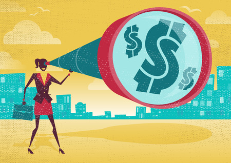 Businesswoman looks through her Telescope to find the Dollar.  Great illustration of Retro styled Businesswoman whoのイラスト素材