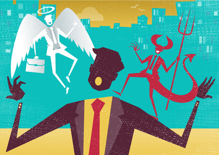 Great illustration of Retro styled Abstract Businessman caught up in a Catch-22 battle of wills with both a devil and an angel helping him to decide.のイラスト素材