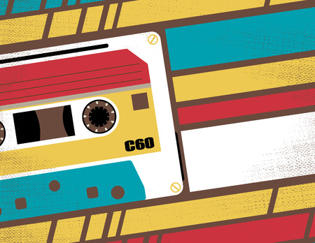 Retro Styled Club Flyer featuring Old School Stereo Tape Cassette in Funky Bright Colours.のイラスト素材