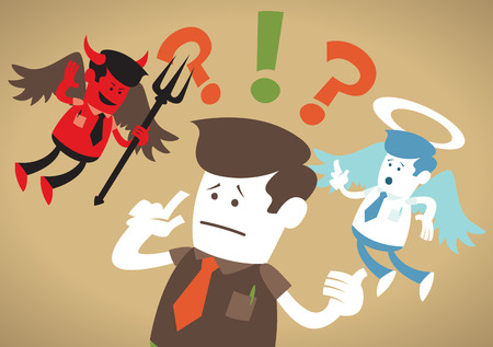 Great illustration of Retro styled Corporate Guy caught up in a Catch-22 battle of wills with both a devil and an angel helping him to decide.のイラスト素材