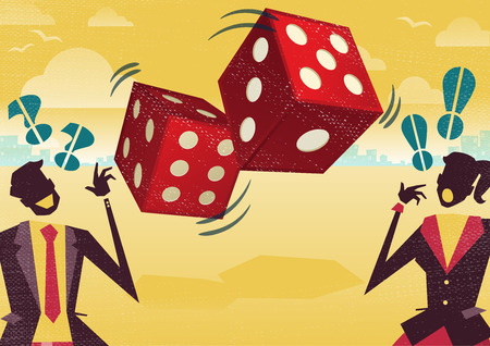 Great illustration of Retro styled Business rivals gambling their financial futures on the big spinning Dice of Business Fortune hoping to win first place in the business world.のイラスト素材