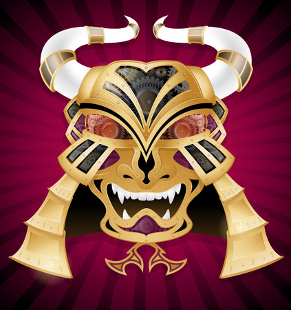 Steampunk Style Samurai Warrior Face Mask. in Metal, Gold and Cogs. Illustration of a Retro Samurai Warrior Face Mask. shaped object made form golden metallic plates, Glass and rivetsのイラスト素材