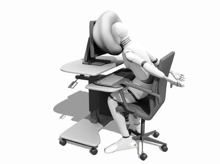 Crash test dummy airbag accident with a computer over a white backgroundの写真素材